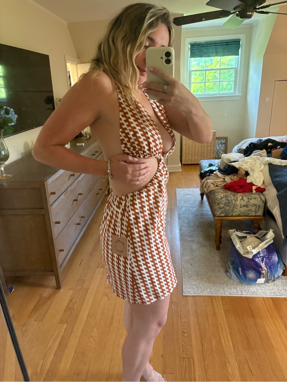 Houndstooth Cutout Halter Mini Dress in Rust and White - Picture 2 of 5